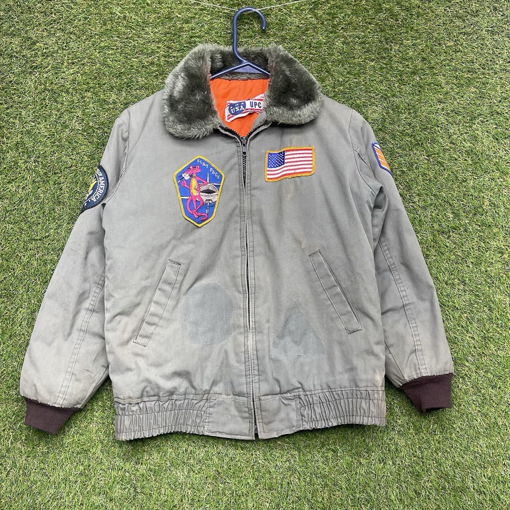 Vintage 80s UPC Flight Jacket Youth Large USA Made Aviator Top Gun with Patches